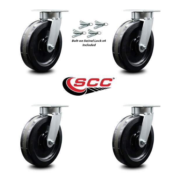 Service Caster 8 Inch Kingpinless Phenolic Wheel Swivel Caster Set with Swivel Lock SCC SCC-KP30S820-PHR-BSL-4 - main